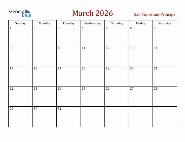 Sao Tome and Principe March 2026 Calendar - Sunday Start