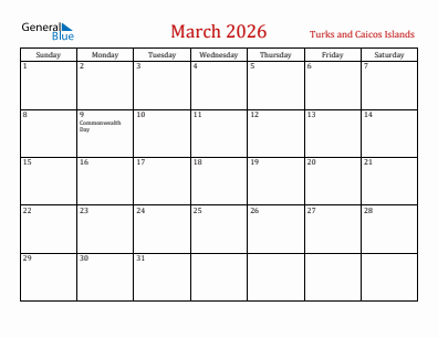 Current month calendar with Turks and Caicos Islands holidays for March 2026