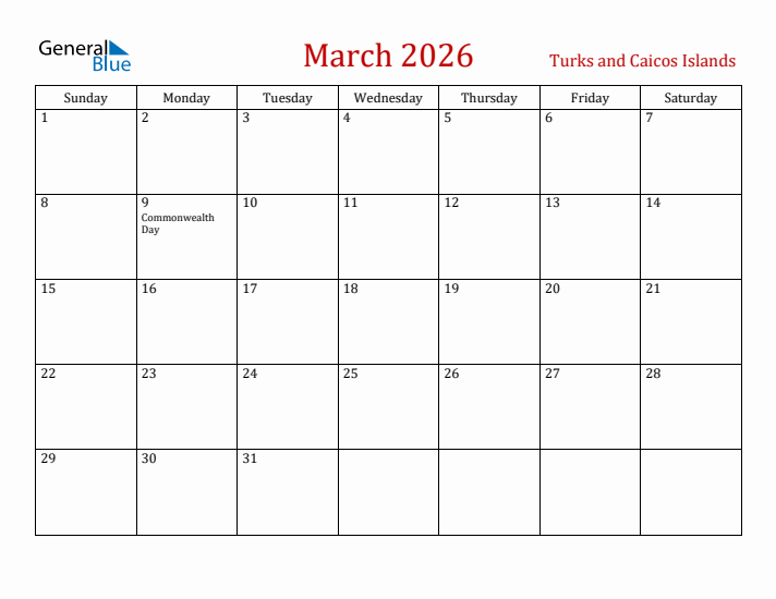 Turks and Caicos Islands March 2026 Calendar - Sunday Start