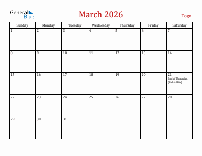 Current month calendar with Togo holidays for March 2026