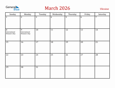 Current month calendar with Ukraine holidays for March 2026
