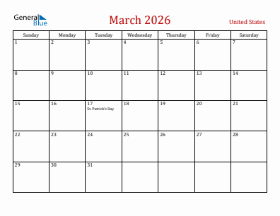 Current month calendar with United States holidays for March 2026