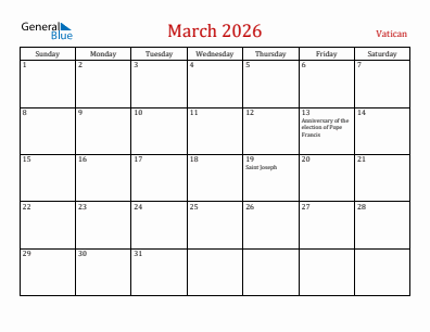 Current month calendar with Vatican holidays for March 2026