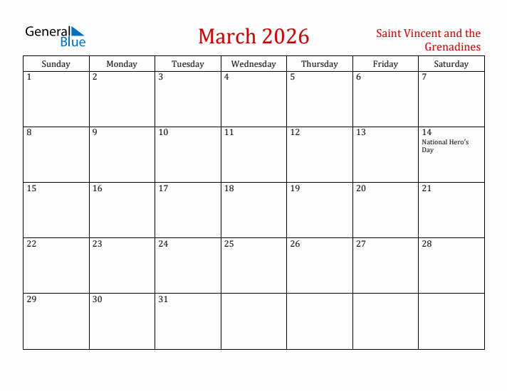 Saint Vincent and the Grenadines March 2026 Calendar - Sunday Start