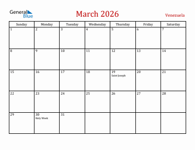 Current month calendar with Venezuela holidays for March 2026
