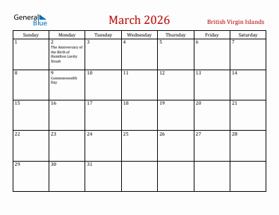 Current month calendar with British Virgin Islands holidays for March 2026