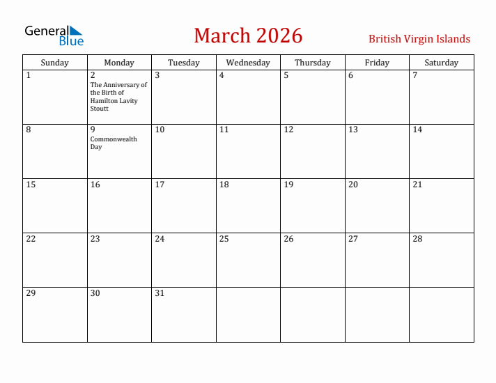 British Virgin Islands March 2026 Calendar - Sunday Start