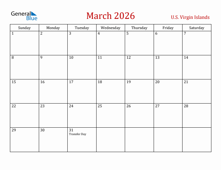 U.S. Virgin Islands March 2026 Calendar - Sunday Start