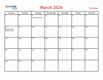 Current month calendar with Vietnam holidays for March 2026