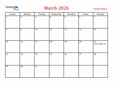 Current month calendar with South Africa holidays for March 2026