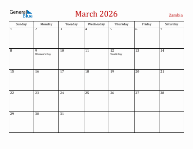 Current month calendar with Zambia holidays for March 2026