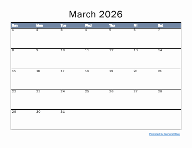 Next month calendar March 2026