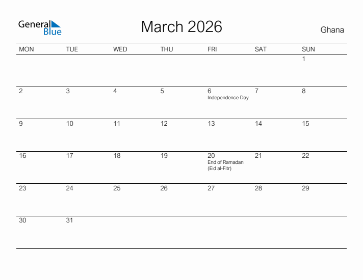 Printable March 2026 Calendar for Ghana