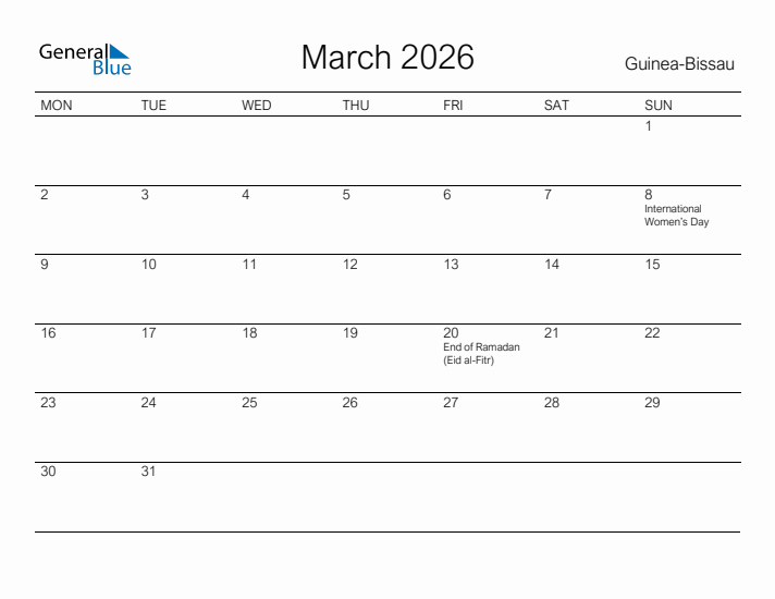 Printable March 2026 Calendar for Guinea-Bissau