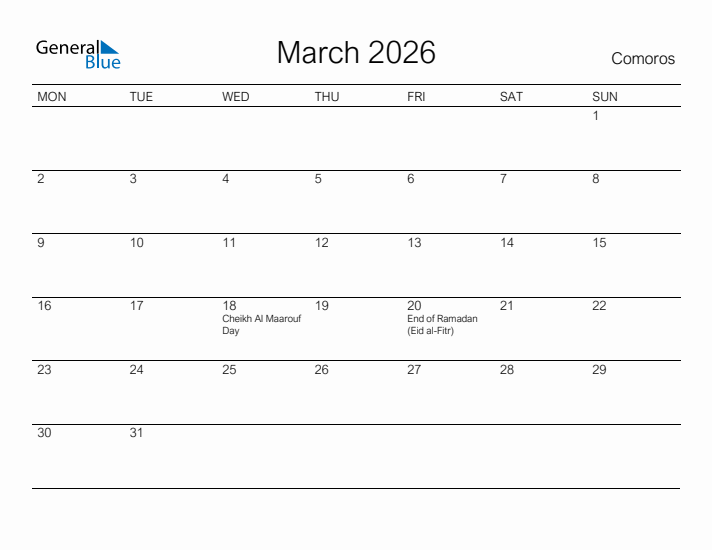 Printable March 2026 Calendar for Comoros