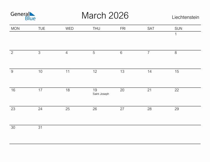 Printable March 2026 Calendar for Liechtenstein
