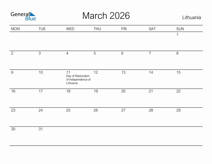 Printable March 2026 Calendar for Lithuania