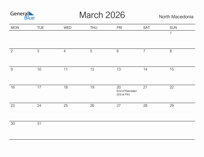 Printable March 2026 Calendar for North Macedonia