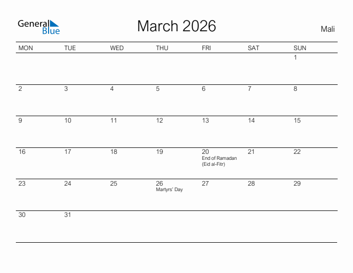 Printable March 2026 Calendar for Mali