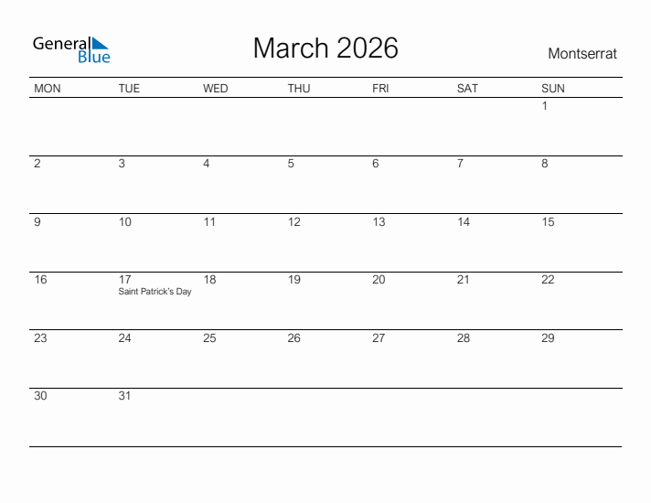 Printable March 2026 Calendar for Montserrat