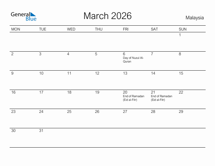 Printable March 2026 Calendar for Malaysia
