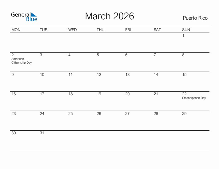 Printable March 2026 Calendar for Puerto Rico