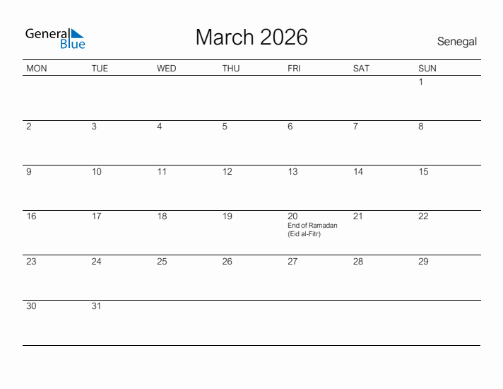 Printable March 2026 Calendar for Senegal