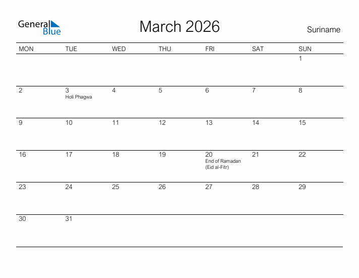 Printable March 2026 Calendar for Suriname
