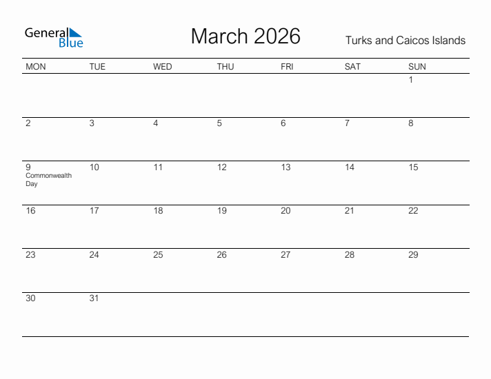 Printable March 2026 Calendar for Turks and Caicos Islands