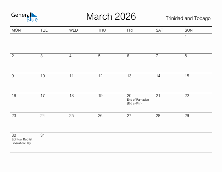 Printable March 2026 Calendar for Trinidad and Tobago