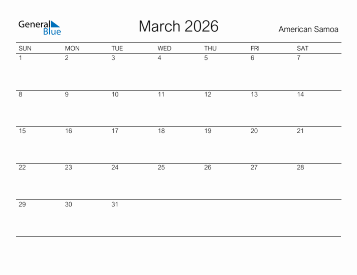 Printable March 2026 Calendar for American Samoa
