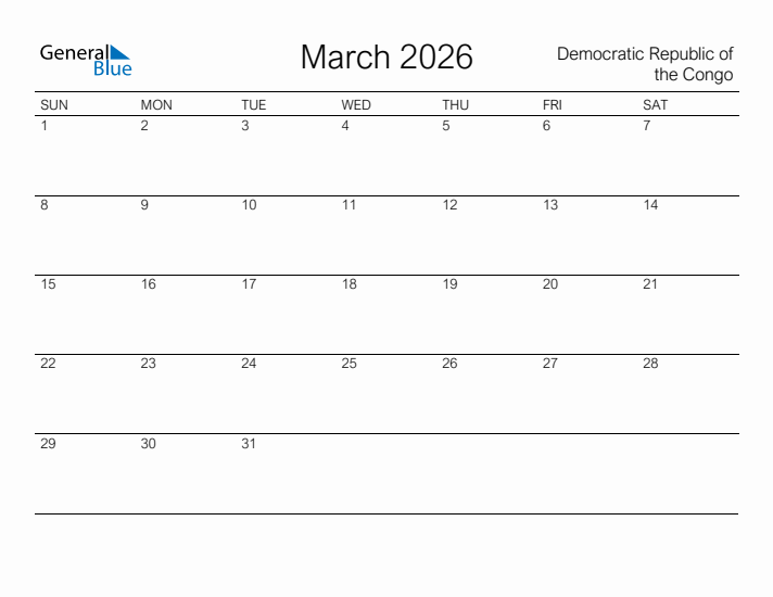 Printable March 2026 Calendar for Democratic Republic of the Congo