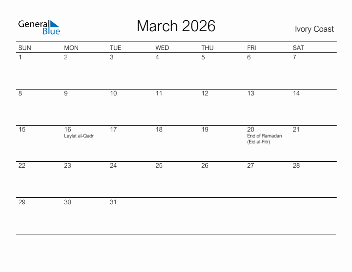 Printable March 2026 Calendar for Ivory Coast