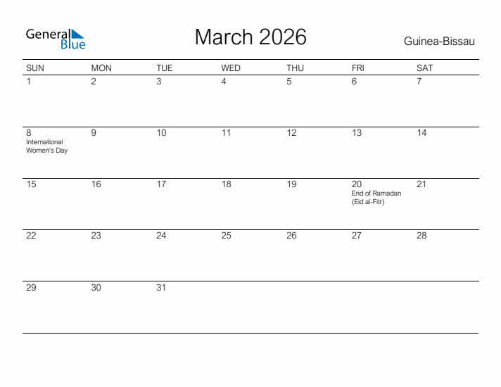 Printable March 2026 Calendar for Guinea-Bissau