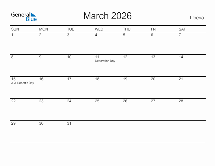 Printable March 2026 Calendar for Liberia