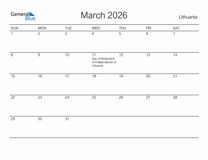 Printable March 2026 Calendar for Lithuania