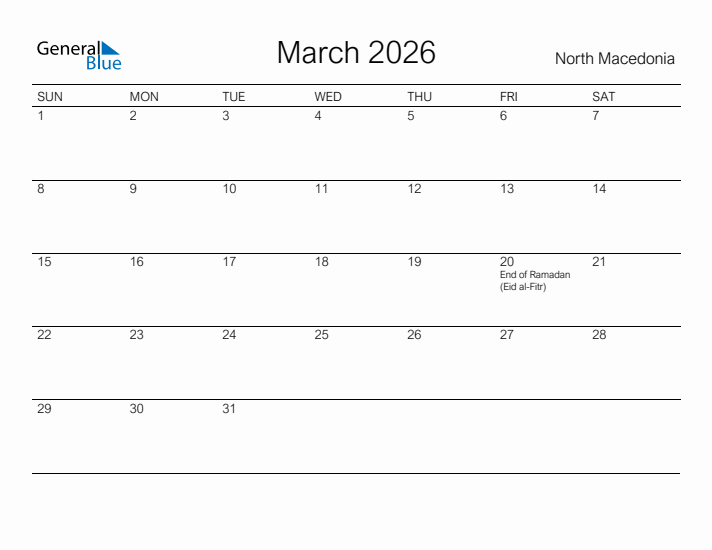 Printable March 2026 Calendar for North Macedonia