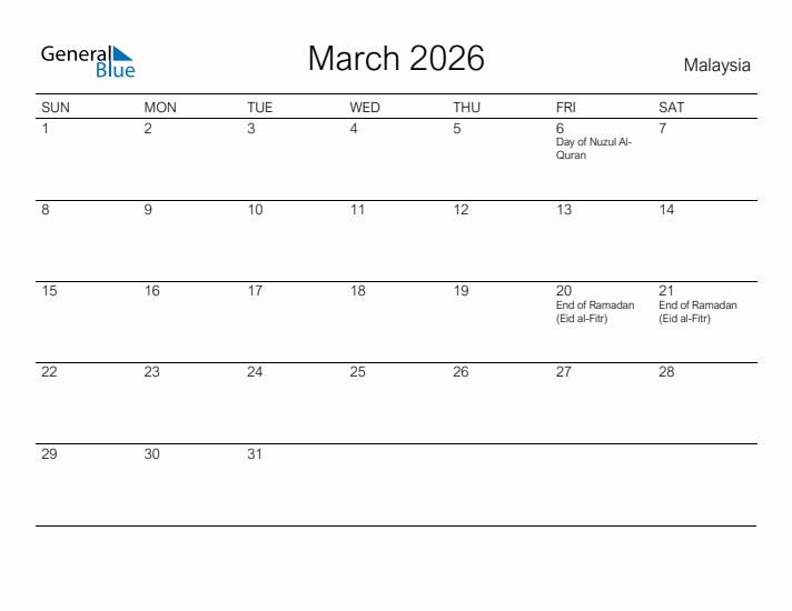 Printable March 2026 Calendar for Malaysia