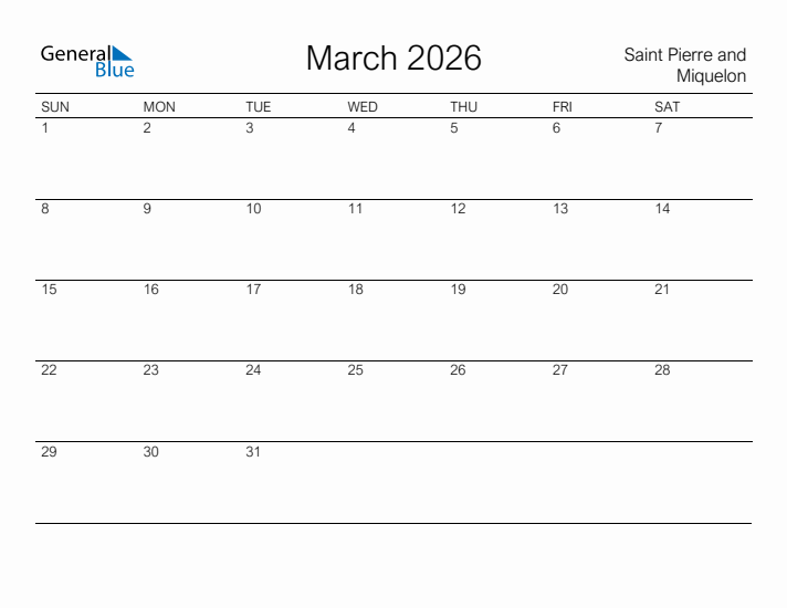 Printable March 2026 Calendar for Saint Pierre and Miquelon