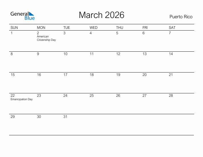 Printable March 2026 Calendar for Puerto Rico