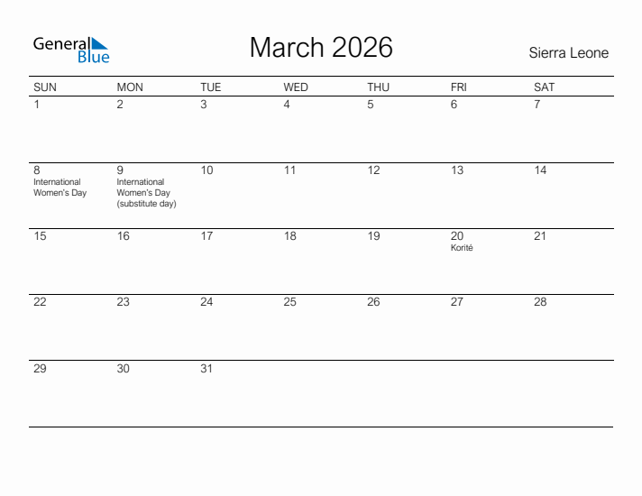 Printable March 2026 Calendar for Sierra Leone