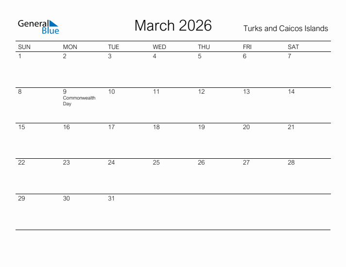 Printable March 2026 Calendar for Turks and Caicos Islands