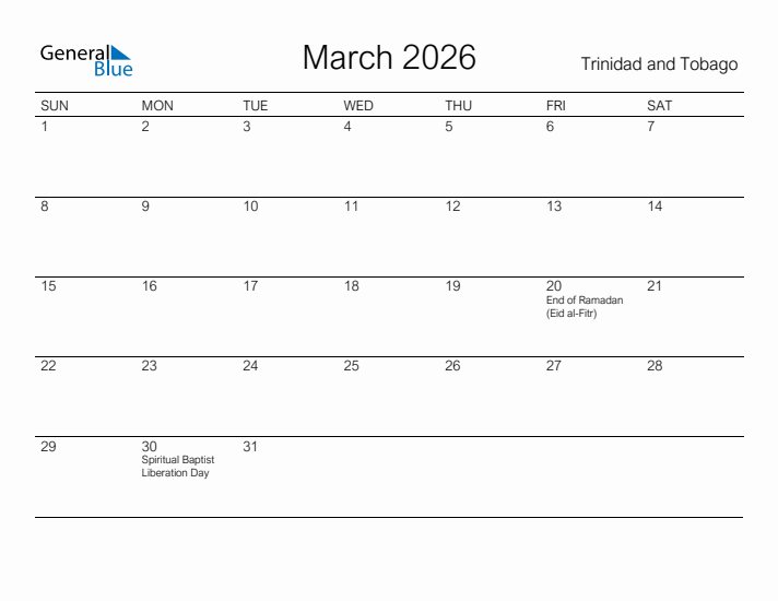Printable March 2026 Calendar for Trinidad and Tobago