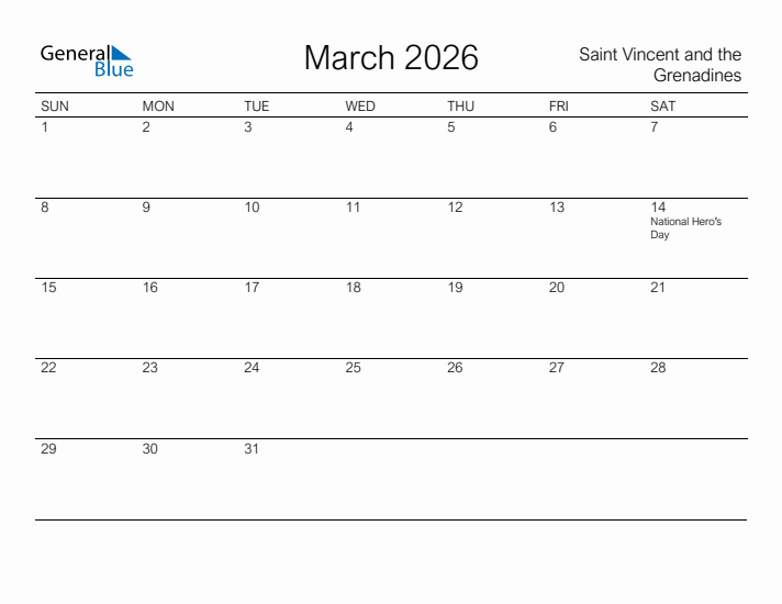 Printable March 2026 Calendar for Saint Vincent and the Grenadines