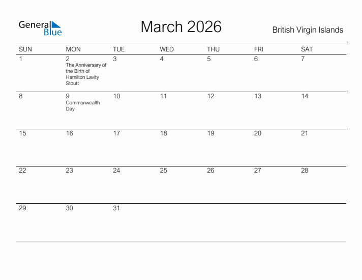 Printable March 2026 Calendar for British Virgin Islands