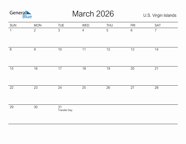 Printable March 2026 Calendar for U.S. Virgin Islands