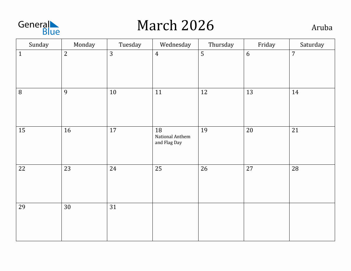 March 2026 Monthly Calendar with Aruba Holidays