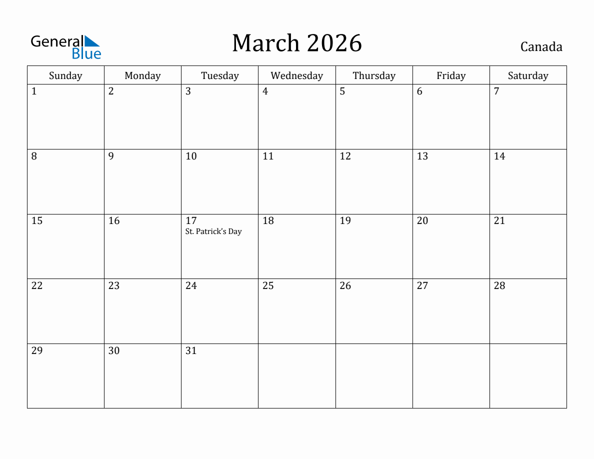 March 2026 monthly calendar with holidays in Canada