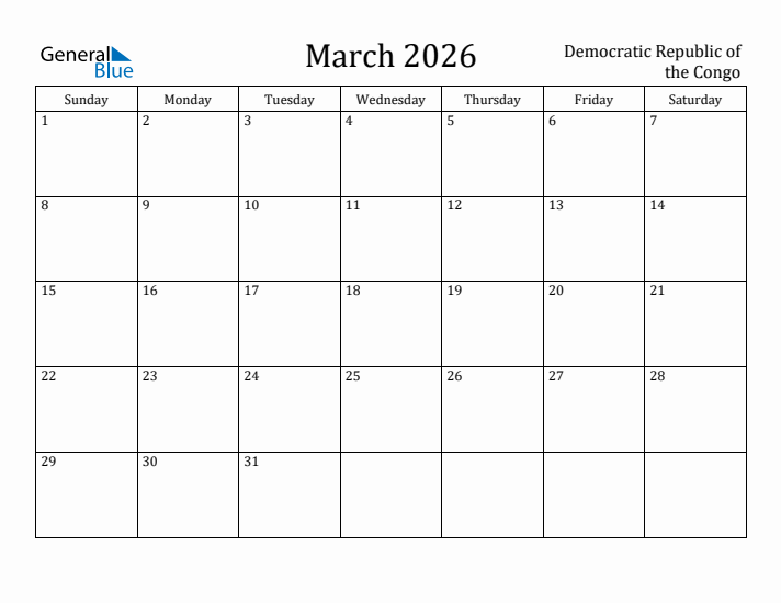 March 2026 Calendar Democratic Republic of the Congo