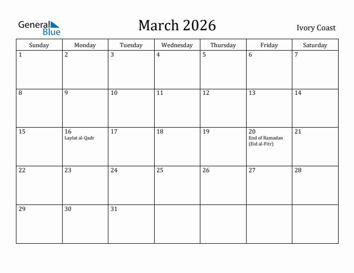 March 2026 Calendar Ivory Coast